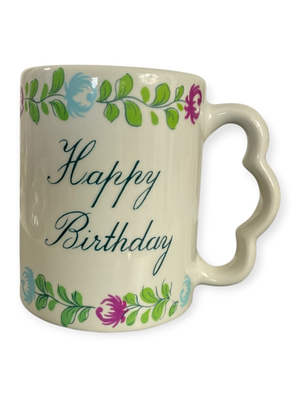 SECLA Portugal Happy Birthday Floral Ceramic Mug 12 Oz Vintage